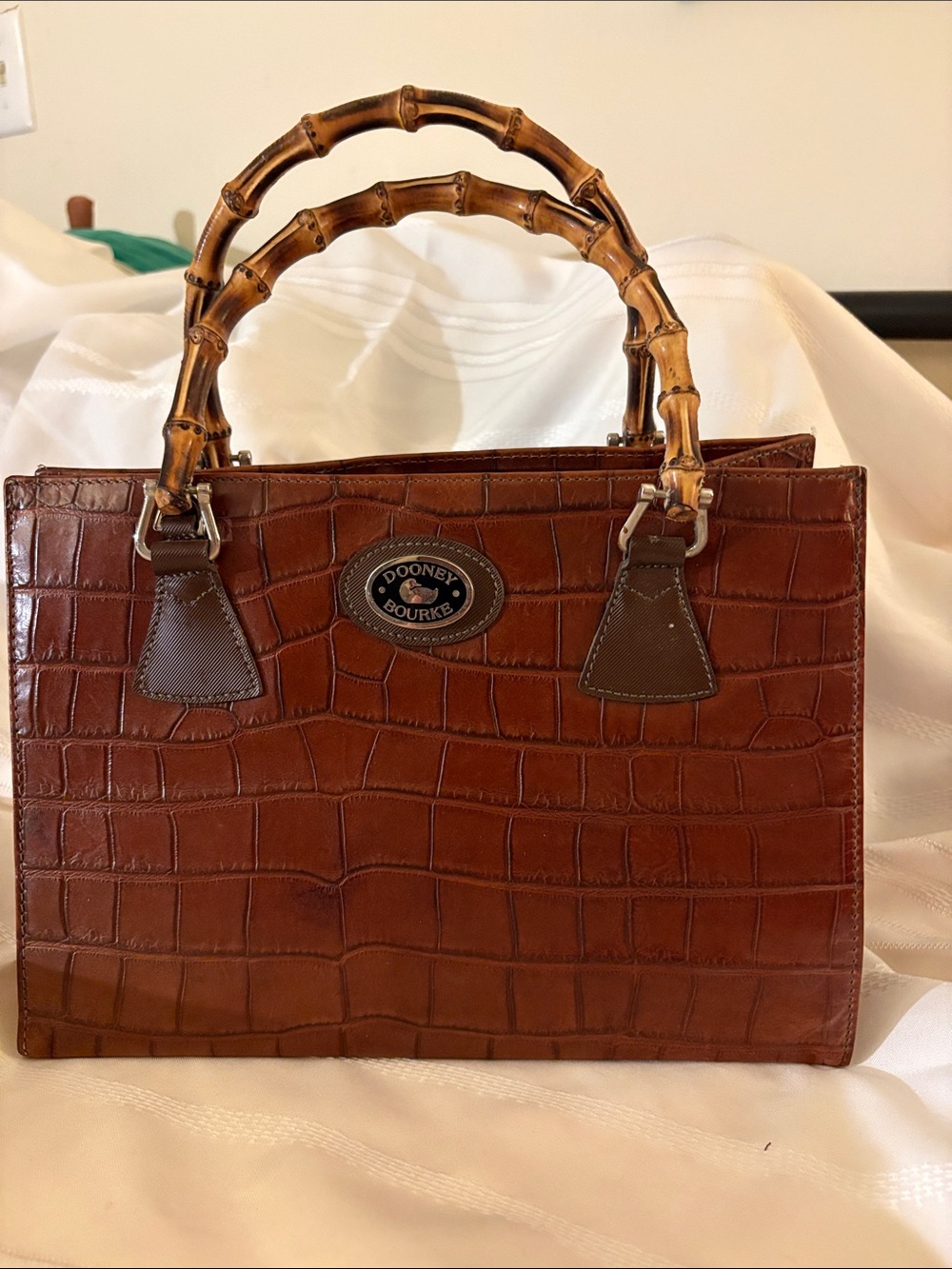 Dooney & Bourke Brown Croc-Embossed Satchel with Bamboo Handles